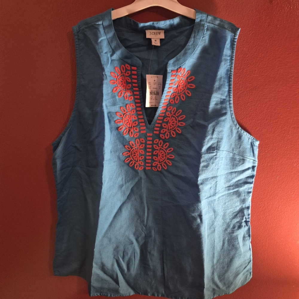 J.Crew Blue Linen Blouse with Red Embroidery